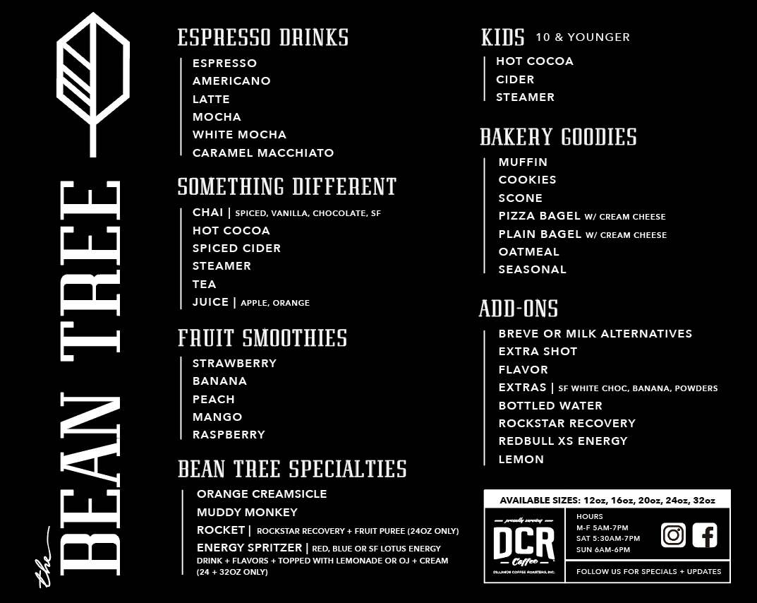 The Bean Tree menu board. Full text listed below.