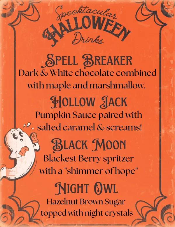 The Bean Tree's Spooktacular Halloween Drinks card: Spell Breaker, Hollow Jack, Black Moon and Night Owl