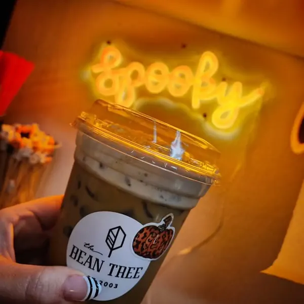 Bean Tree iced latte with a pumpkin sticker held up in front of a glowing 'spooky' neon sign